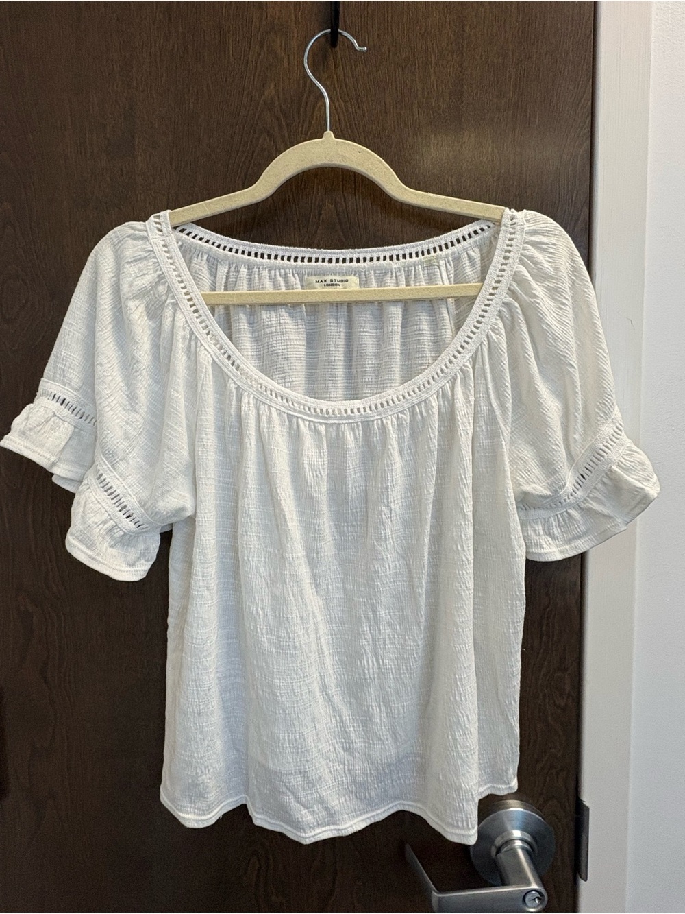 Max Studio White Gauze Peasant Top with Eyelet Trim - Size Extra Small
